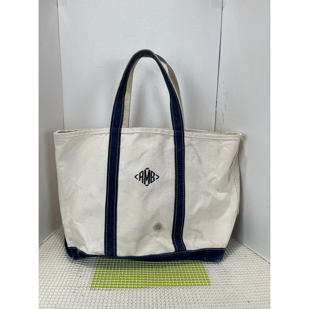 Vintage LL Bean Boat and Tote Bag Large Canvas Navy Blue Trim Monogram AMB